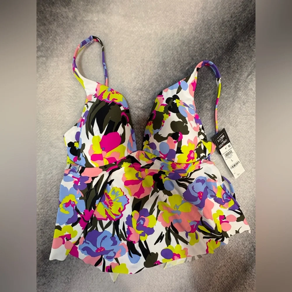 NWT Bar III White Pink Paradise Garden Floral Swim Beach Tankini Top Large‎ (A2)